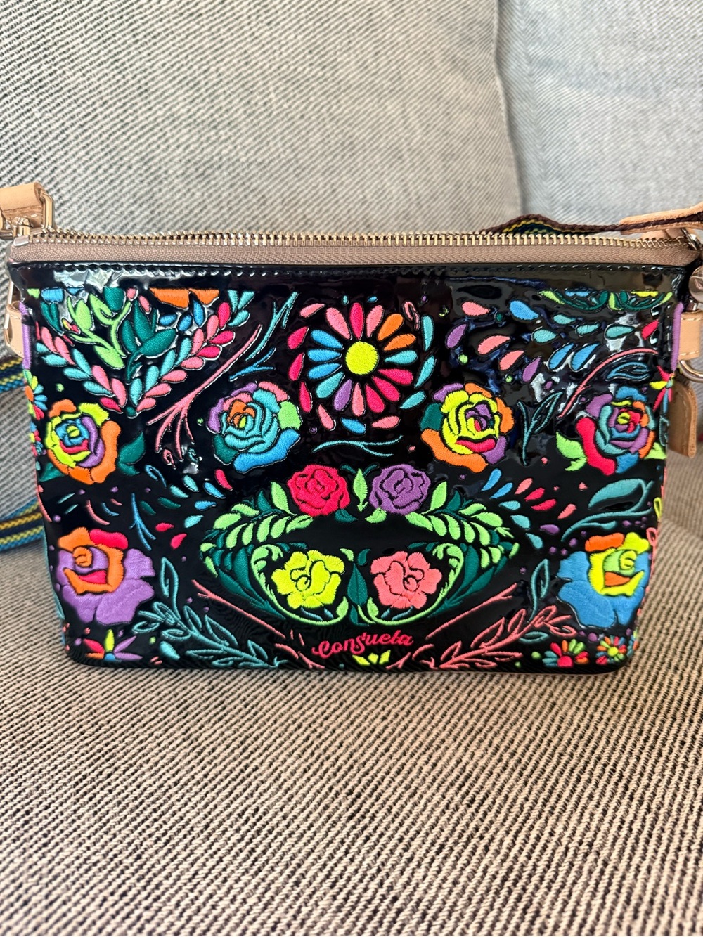 Consuela Rita Midtown Black Floral Embroidered Crossbody with Multicolor Accent